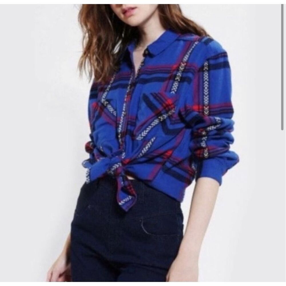 BDG Womens Flannel Long Sleeve Button Down Shirt Blue‎ Red Size Medium